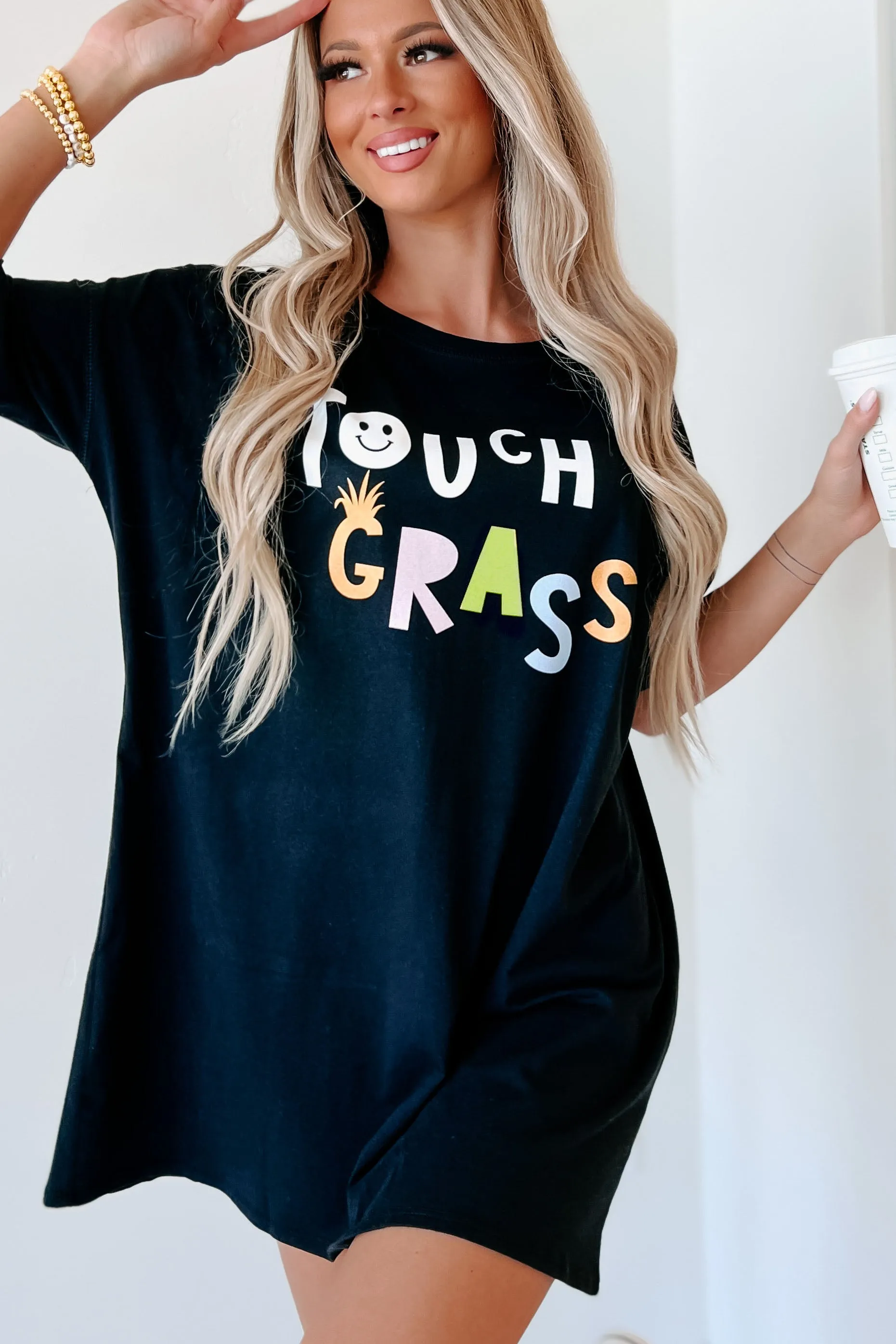 "Touch Grass" Oversized Graphic T-Shirt Dress (Black) - Print On Demand