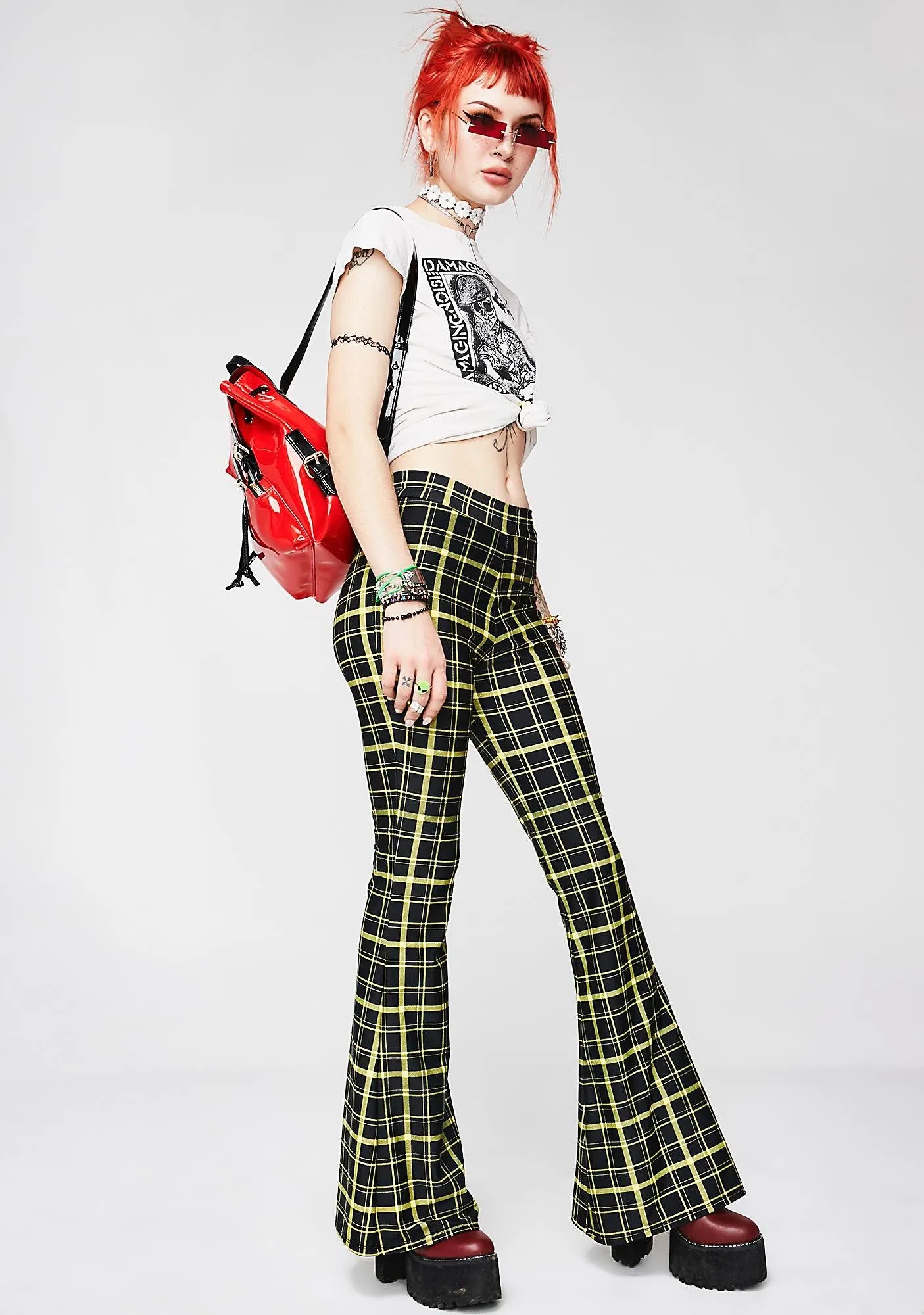 Retro Plaid Flare Pants in Black and Yellow