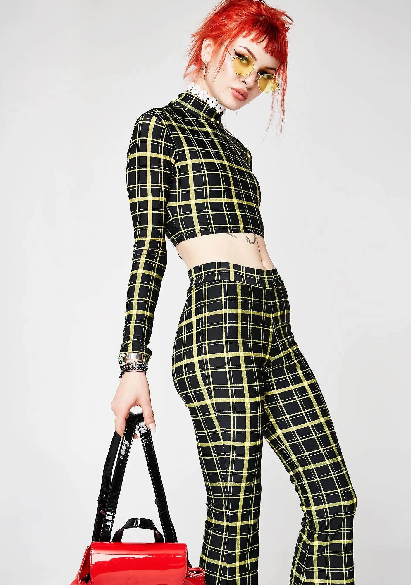 Retro Plaid Flare Pants in Black and Yellow