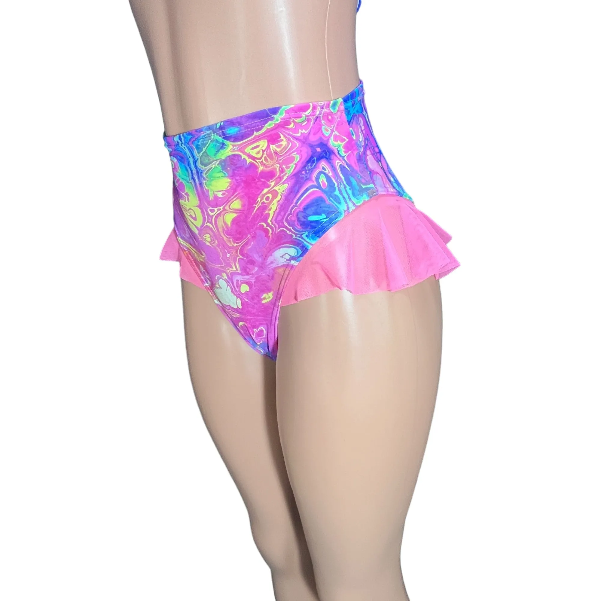 Ruffle Bikini Bottom High-Waisted Cheeky Hot Pants in Rainbow Vapor