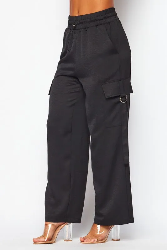 Satin Drawstring Cargo Pockets Pants