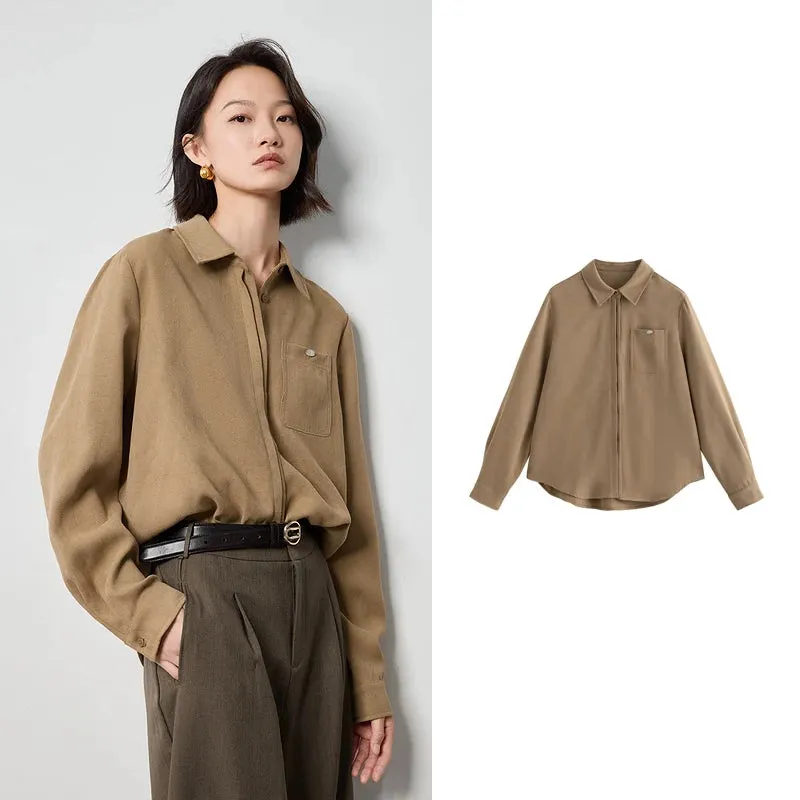 Women's Beige Workwear Blouse – Brushed Long Sleeve Solid Shirt with Turn-Down Collar for Autumn