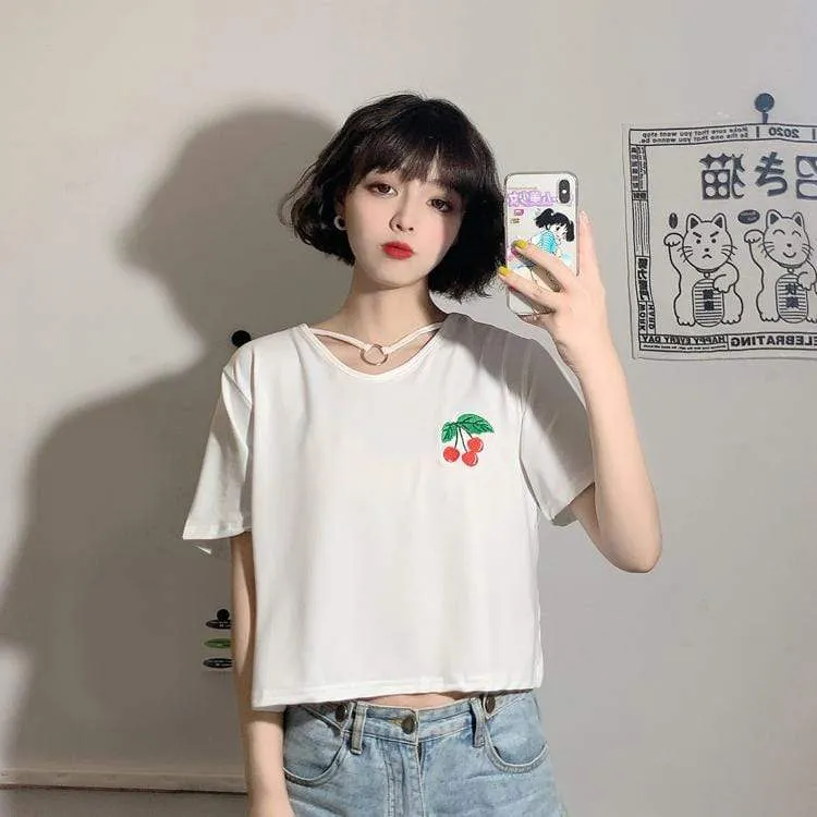 Women's Casual Ring Cherry Printed T-shirts