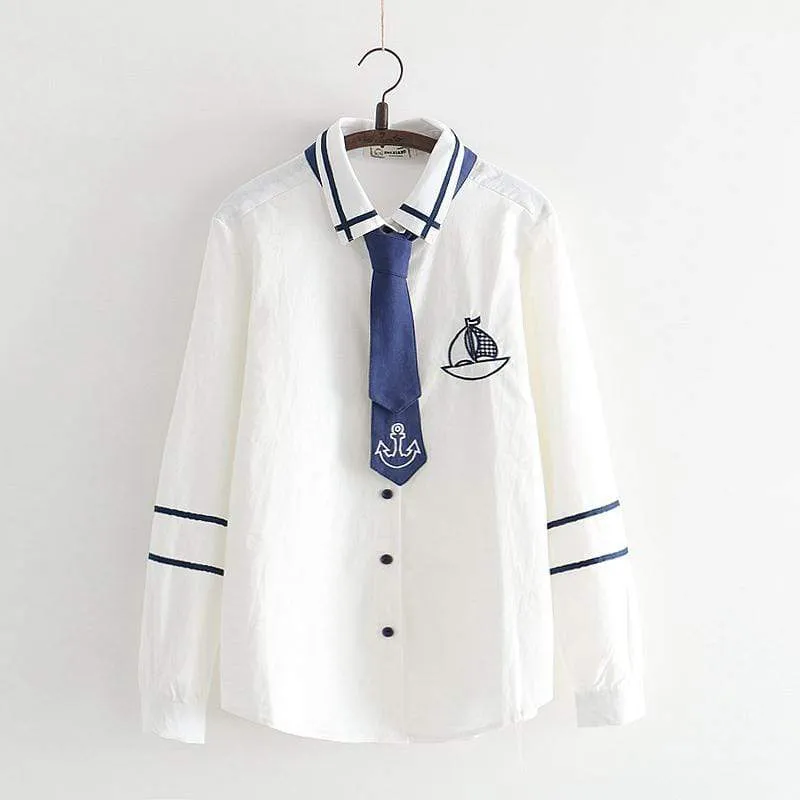 Women's Casual Ship Embroidered Contrast Color Shirts With Anchor Printed Tie 