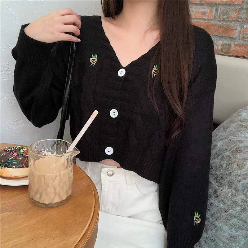 Women's Cute Flower Embroidered Twisted V-neck Cardigans